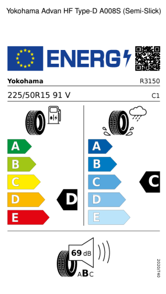 225/50 R 15 tl.   91 V  Yokohama  Advan HF Type-D A008S